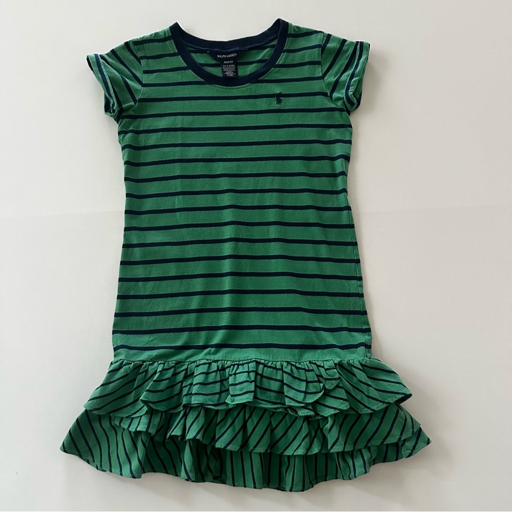 Ralph Lauren Girls 8-10 Green Navy Striped Ruffle Dress Spring Summer